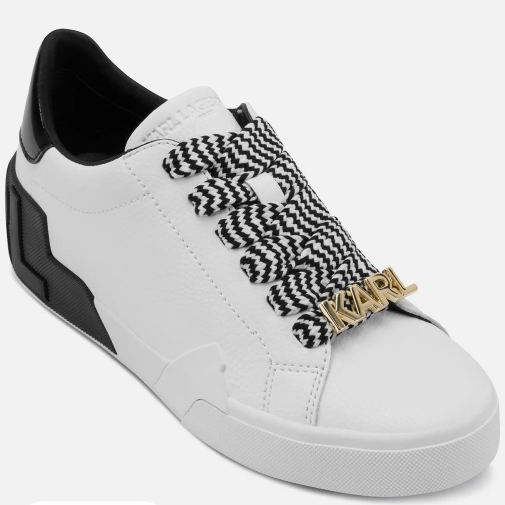 Karl Lagerfeld White & Black Low-Top Sneaker with Gold Logo Charm